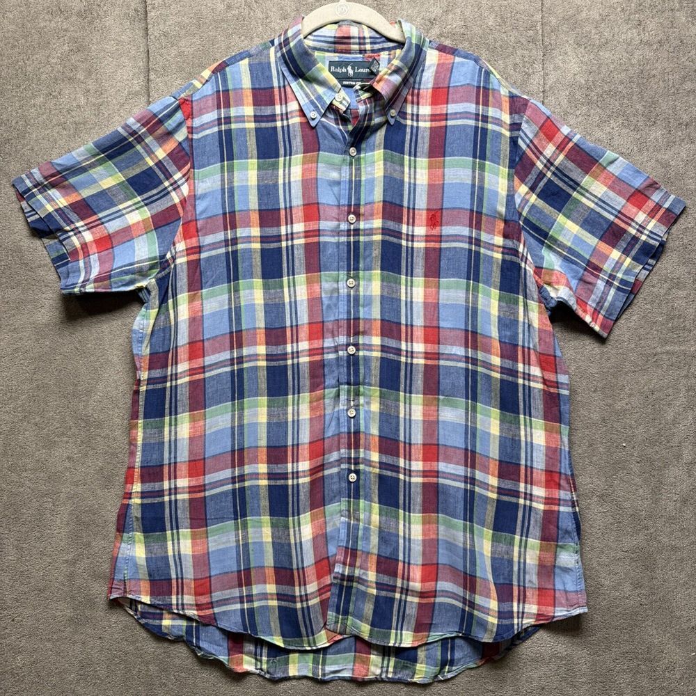Ralph Lauren Shirt Mens XL‎ Blue Plaid Linen Button Down Custom Fit Short Sleeve